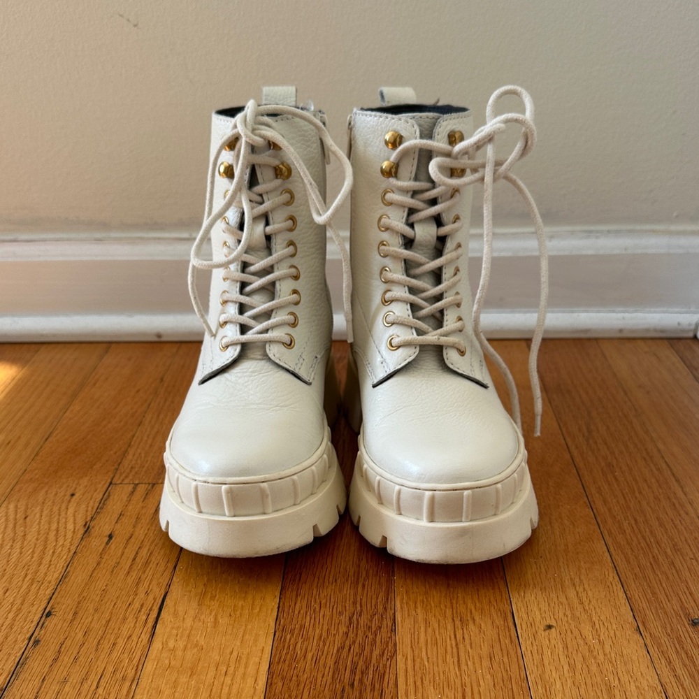 Vince Camuto white lace up boots with zipper